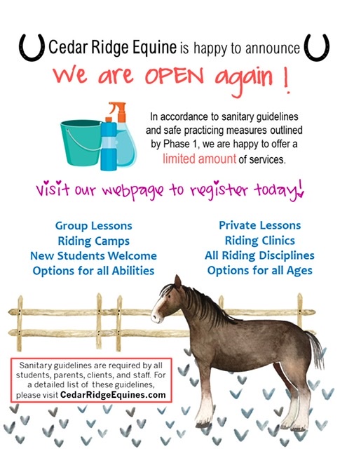 CRE has re-opened for all camps, clinics and lessons as scheduled!
